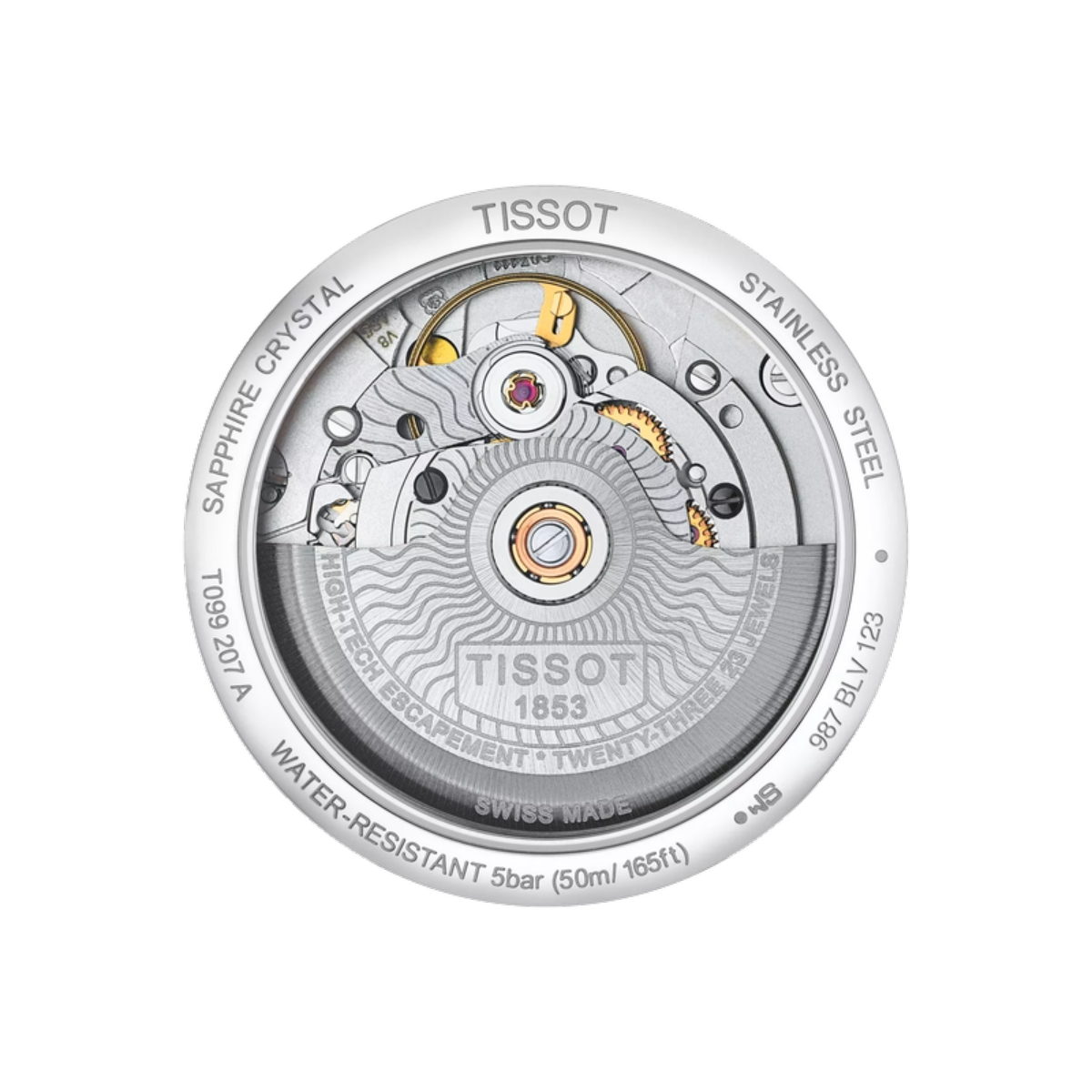 Tissot watch mechanism on a white background