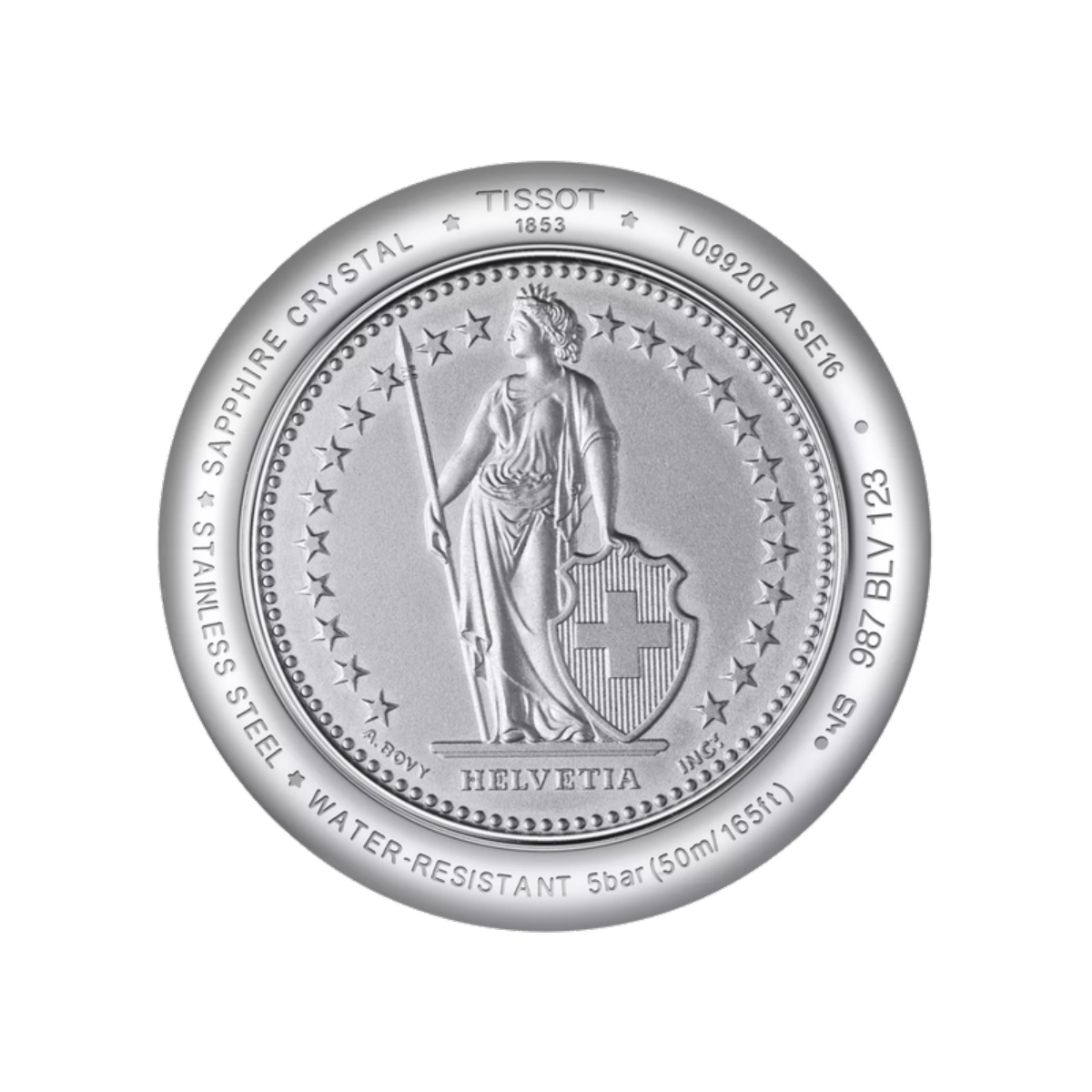 Close-up of a Tissot watch caseback with branding and product details on a white background