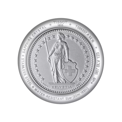 Close-up of a Tissot watch caseback with branding and product details on a white background
