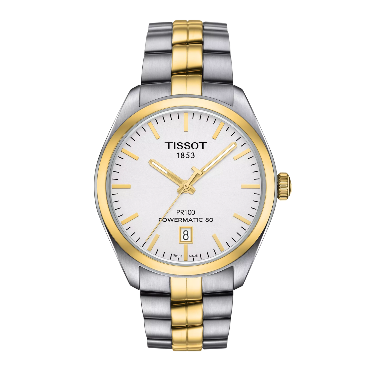A Tissot T-Classic PR 100 Powermatic 80 Automatic 39mm men's watch with a silver and gold color scheme on the dial and a two-tone bracelet.