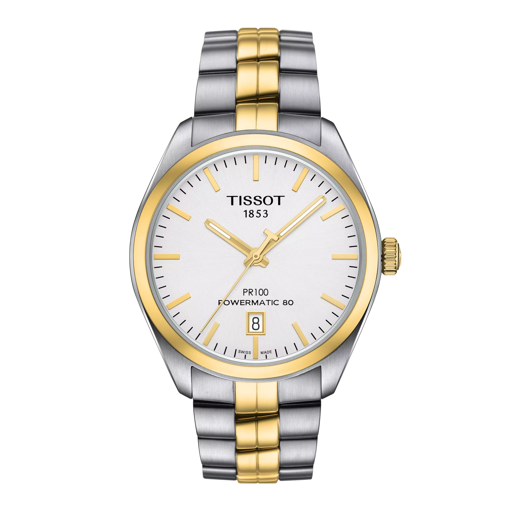 A Tissot T-Classic PR 100 Powermatic 80 Automatic 39mm men's watch with a silver and gold color scheme on the dial and a two-tone bracelet.