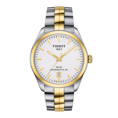 A Tissot T-Classic PR 100 Powermatic 80 Automatic 39mm men's watch with a silver and gold color scheme on the dial and a two-tone bracelet.