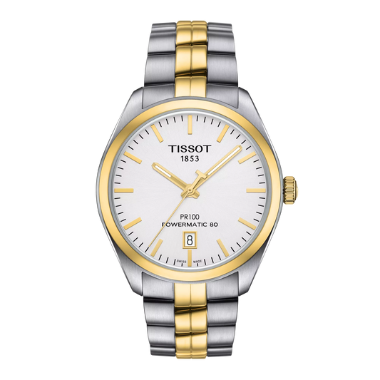 A Tissot T-Classic PR 100 Powermatic 80 Automatic 39mm men's watch with a silver and gold color scheme on the dial and a two-tone bracelet.