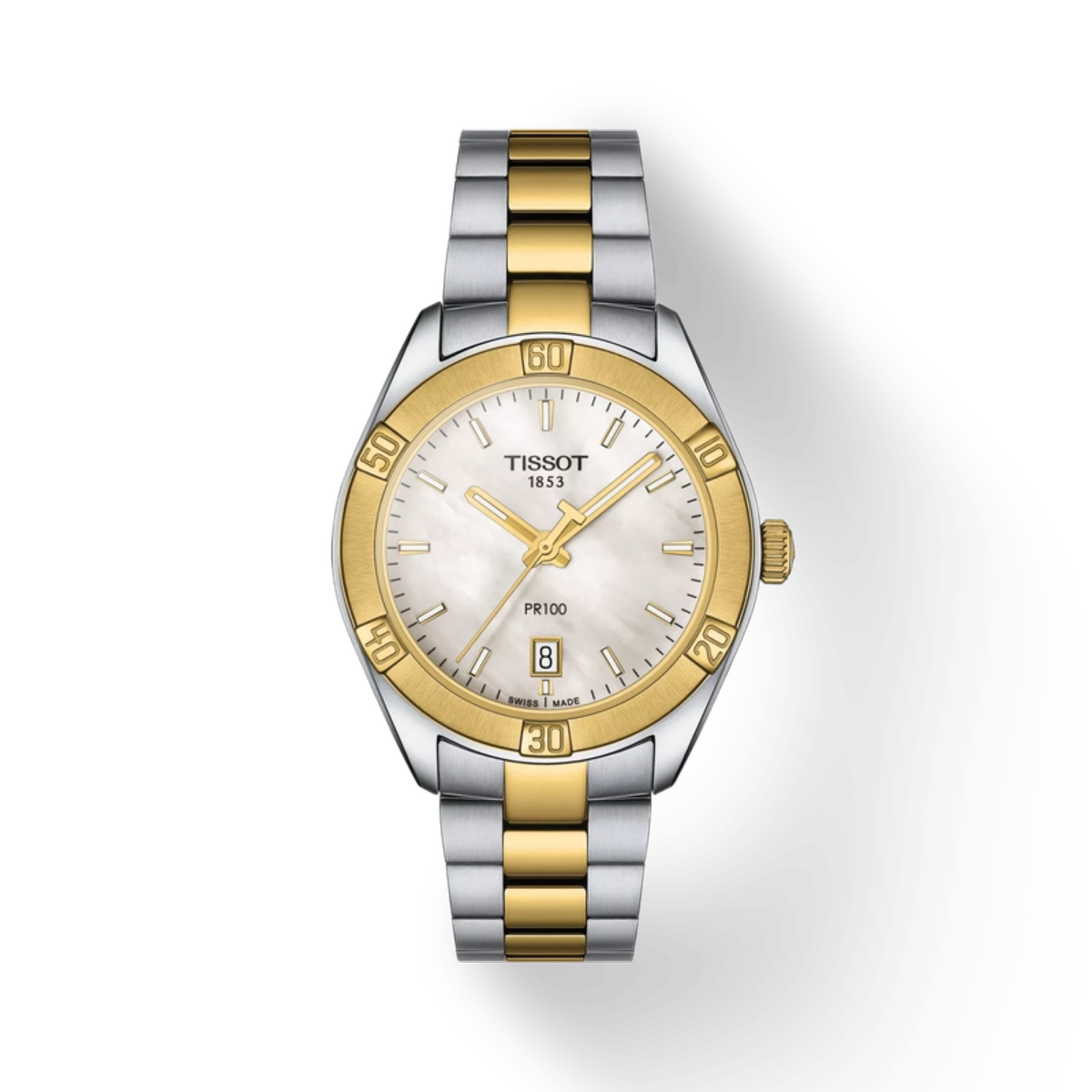 Two-tone Tissot watch with gold and silver band on a white background