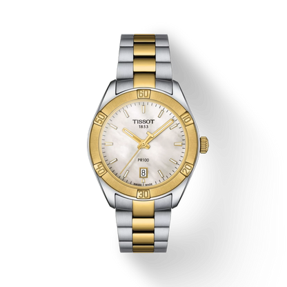 Two-tone Tissot watch with gold and silver band on a white background