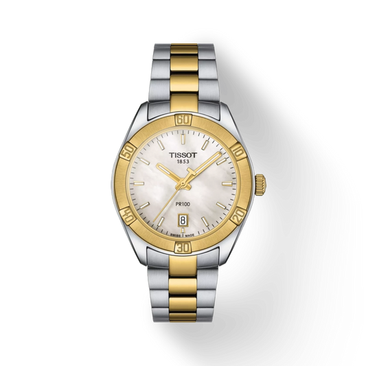 Two-tone Tissot watch with gold and silver band on a white background