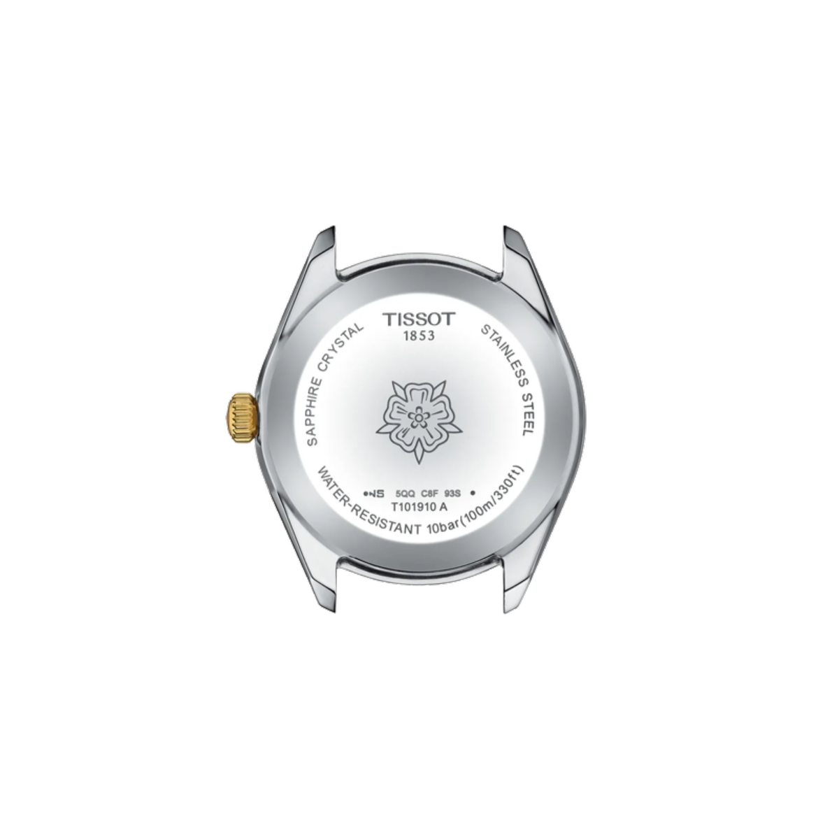 Back view of a Tissot watch with brand logo and model details on a white background