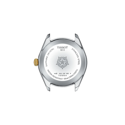 Back view of a Tissot watch with brand logo and model details on a white background