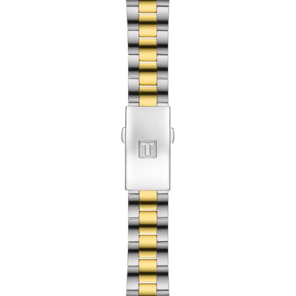 Two-tone silver and gold watch strap on a white background