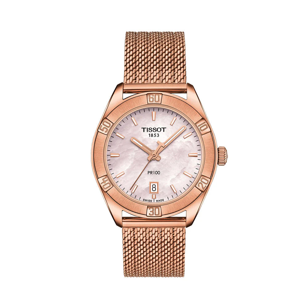 A Tissot PR 100 Sport Chic women's watch with a rose gold stainless steel band and rose gold case, featuring a minimalist dial.