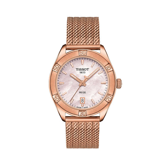 A Tissot PR 100 Sport Chic women's watch with a rose gold stainless steel band and rose gold case, featuring a minimalist dial.