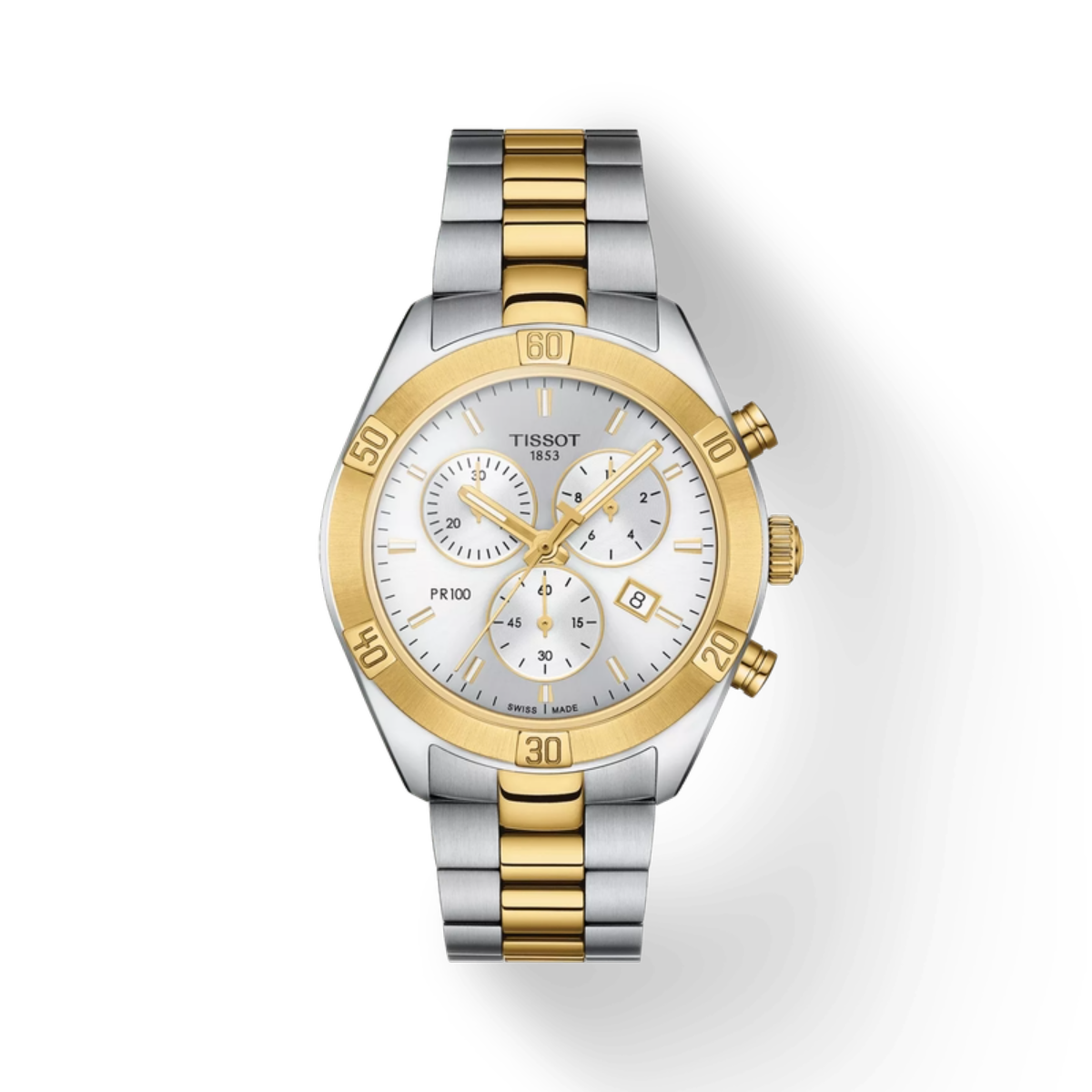 Two-tone Tissot watch with silver and gold band on a white background