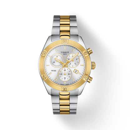Two-tone Tissot watch with silver and gold band on a white background