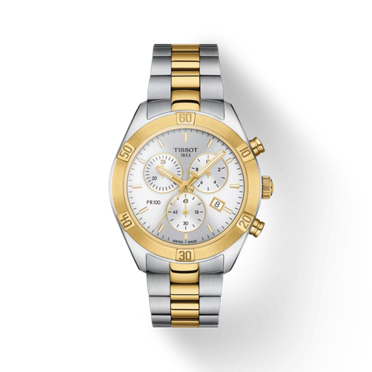Two-tone Tissot watch with silver and gold band on a white background