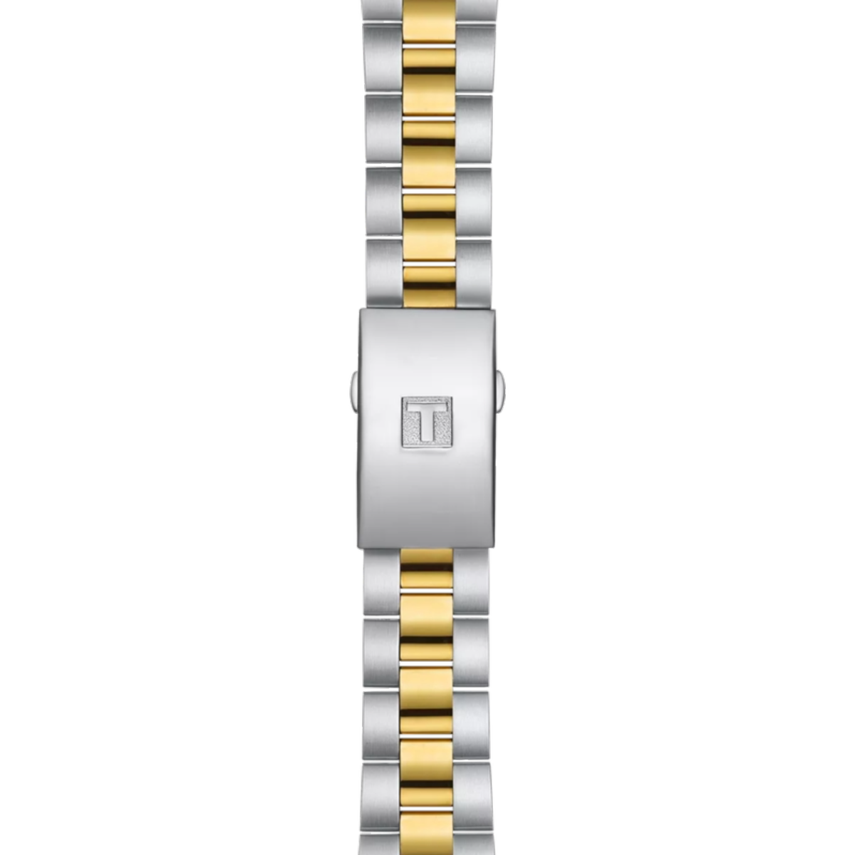 Two-tone silver and gold watch strap on a white background
