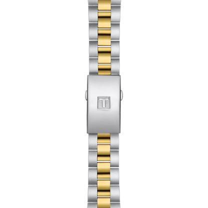 Two-tone silver and gold watch strap on a white background