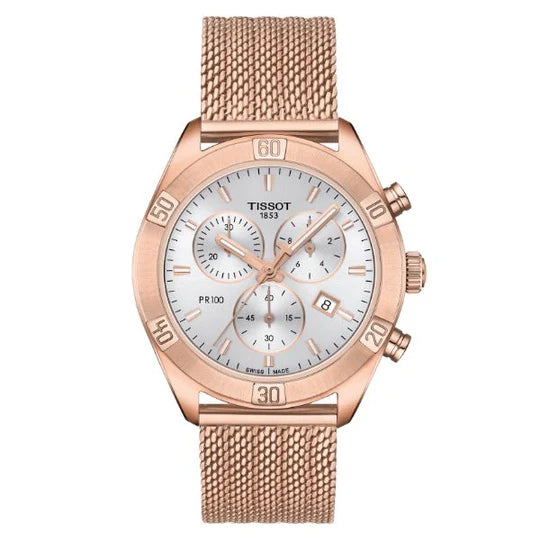 A Tissot PR 100 Sport Chic Chronograph women's watch with a rose gold case and mesh band, featuring a white dial.