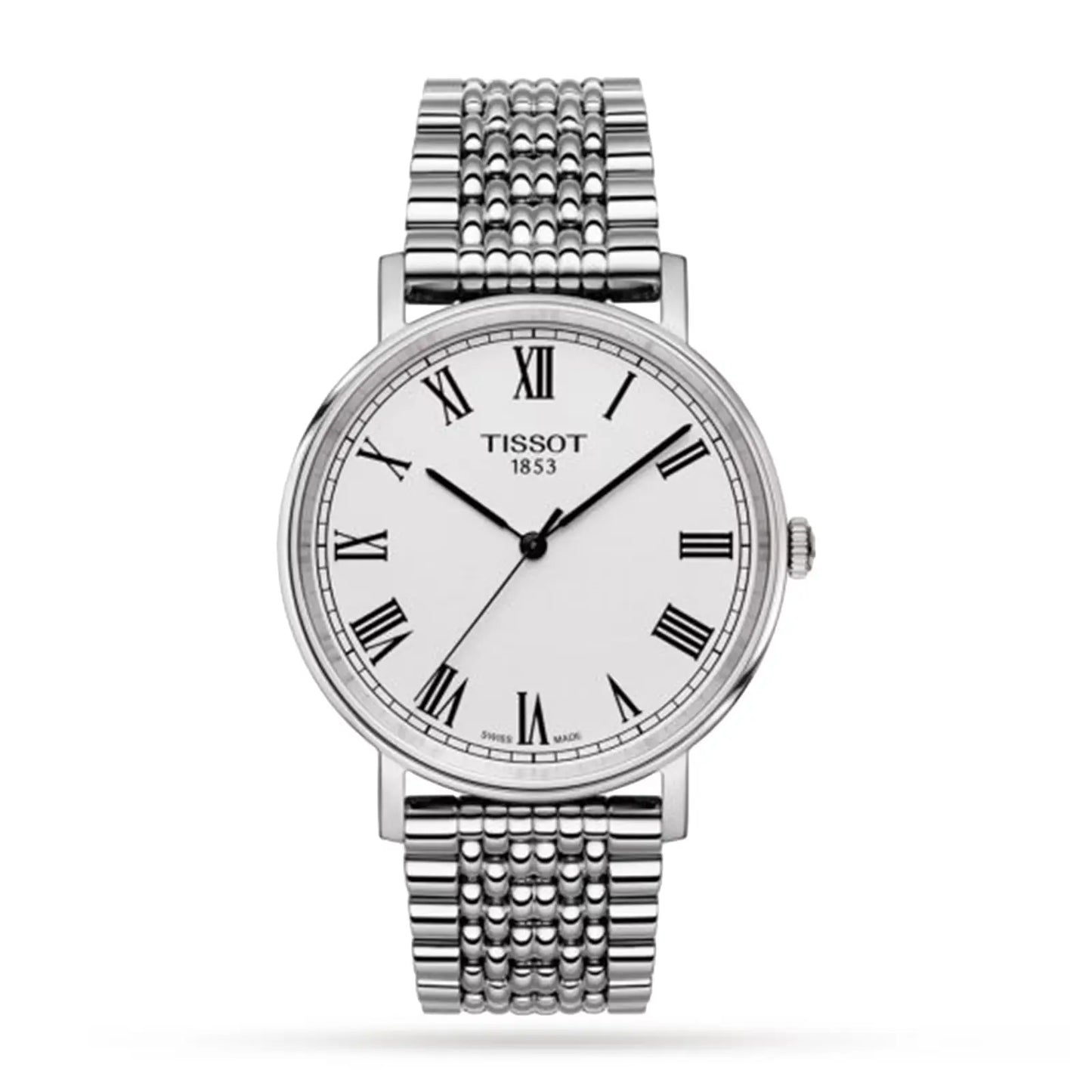 A Tissot Everytime 38mm Jungfraubahn Edition women's watch with a silver band and white dial, featuring Roman numerals and a special edition caseback.