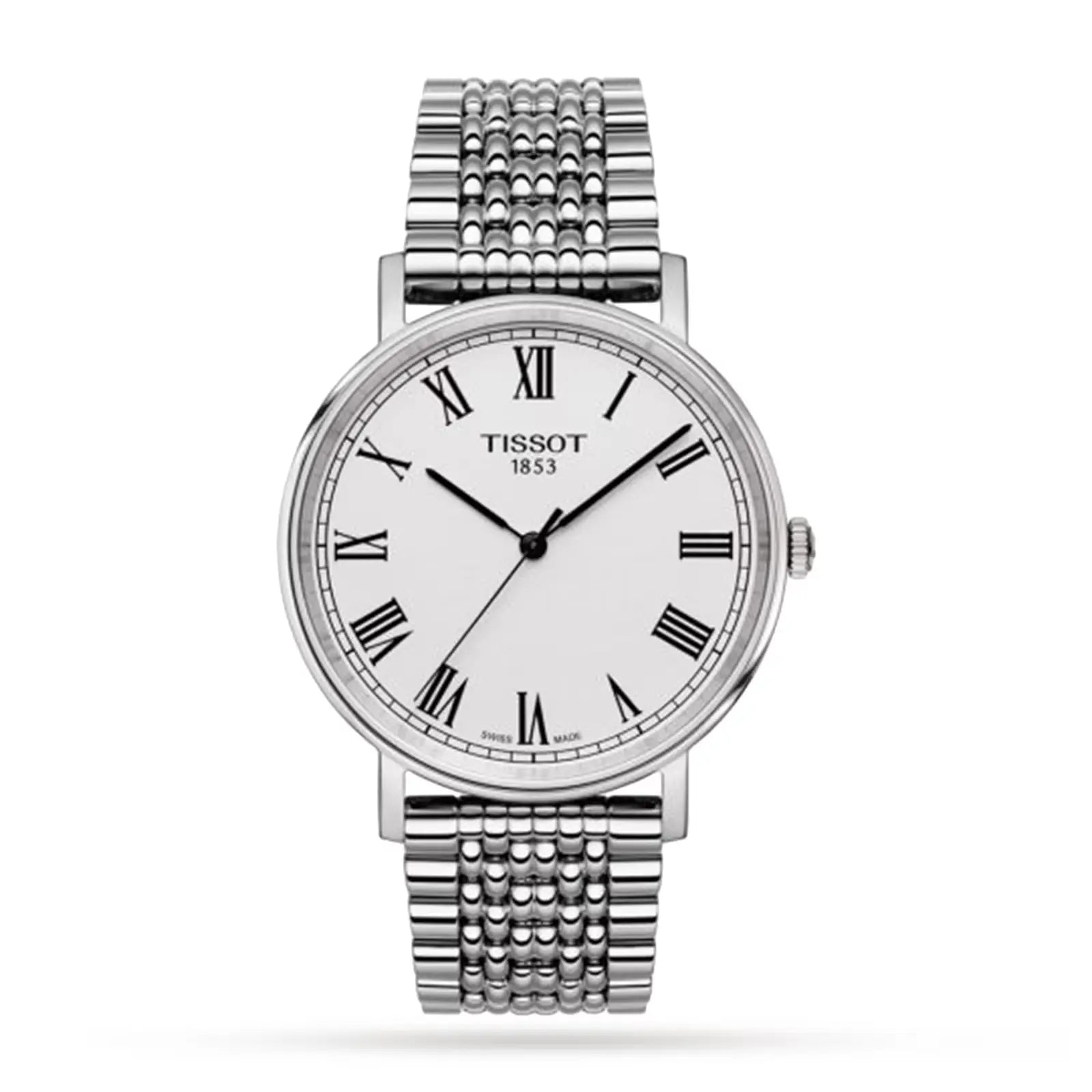 A Tissot Everytime 38mm Jungfraubahn Edition women's watch with a silver band and white dial, featuring Roman numerals and a special edition caseback.