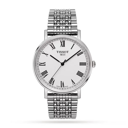 A Tissot Everytime 38mm Jungfraubahn Edition women's watch with a silver band and white dial, featuring Roman numerals and a special edition caseback.