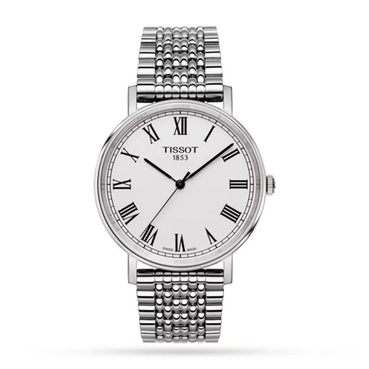 A Tissot Everytime 38mm Jungfraubahn Edition women's watch with a silver band and white dial, featuring Roman numerals and a special edition caseback.