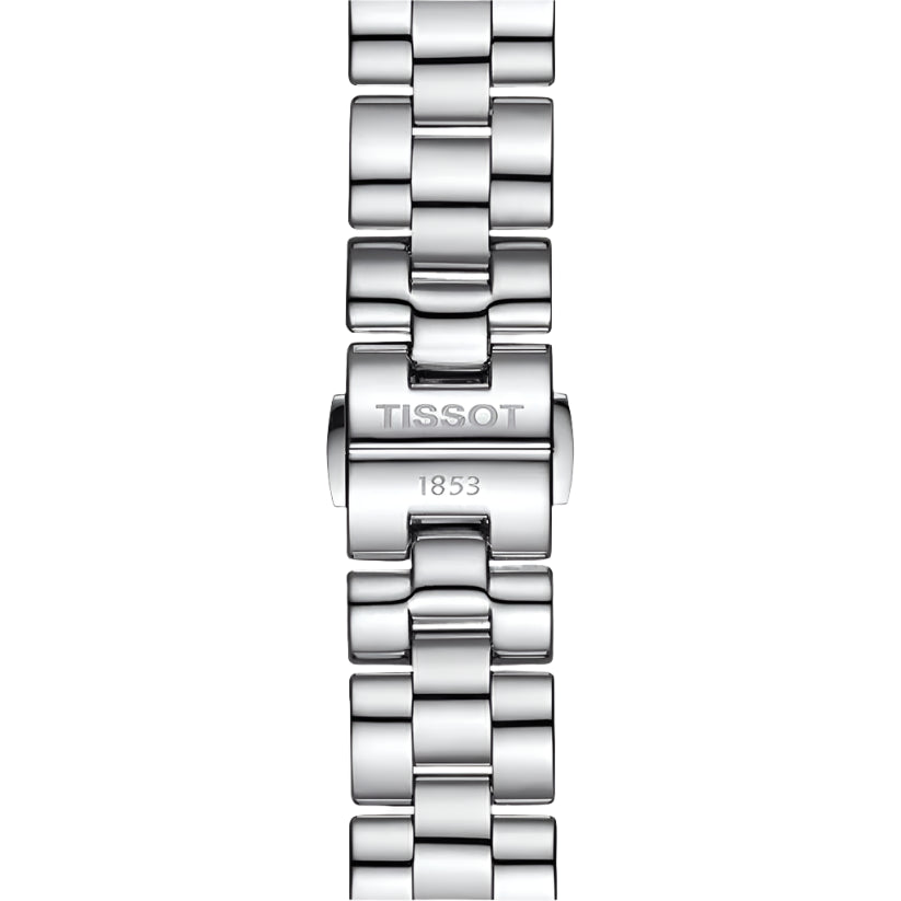 Silver Tissot watch strap on a light gray background