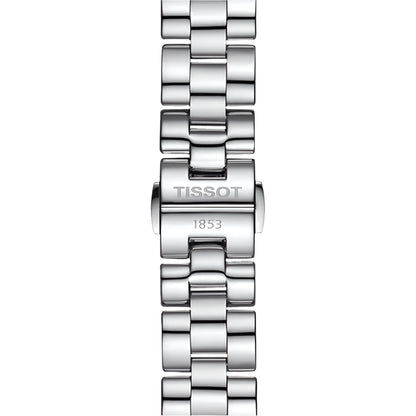Silver Tissot watch strap on a light gray background