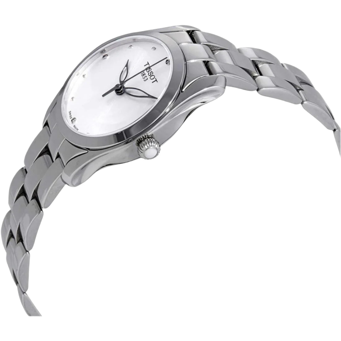 Silver wristwatch with a white face on a light gray background