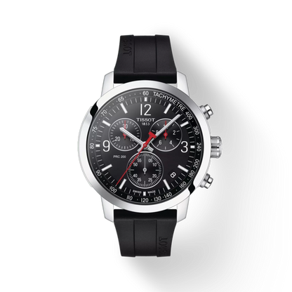 Tissot watch with black strap and face on a white background