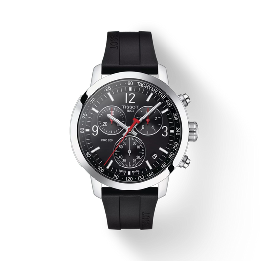 Tissot watch with black strap and face on a white background