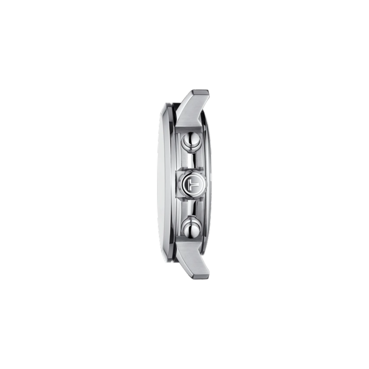 Close-up of a silver watch case on a white background