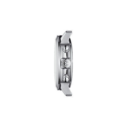 Close-up of a silver watch case on a white background