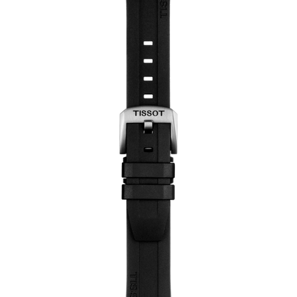 Black Tissot watch strap on a white background