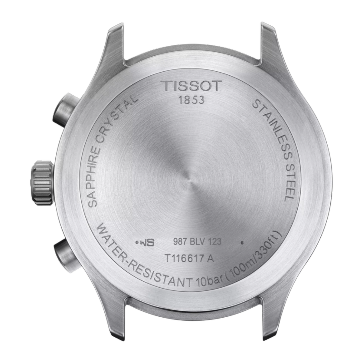 Back view of a Tissot watch with branding and specifications.