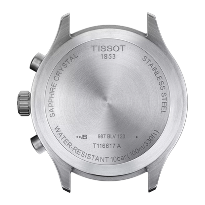 Back view of a Tissot watch with branding and specifications.