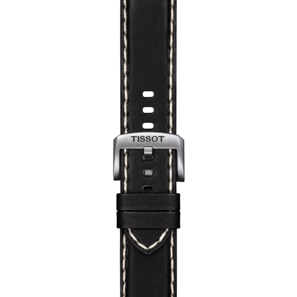 Black watch strap with Tissot logo on a white background