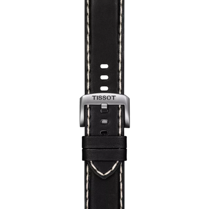 Black watch strap with Tissot logo on a white background