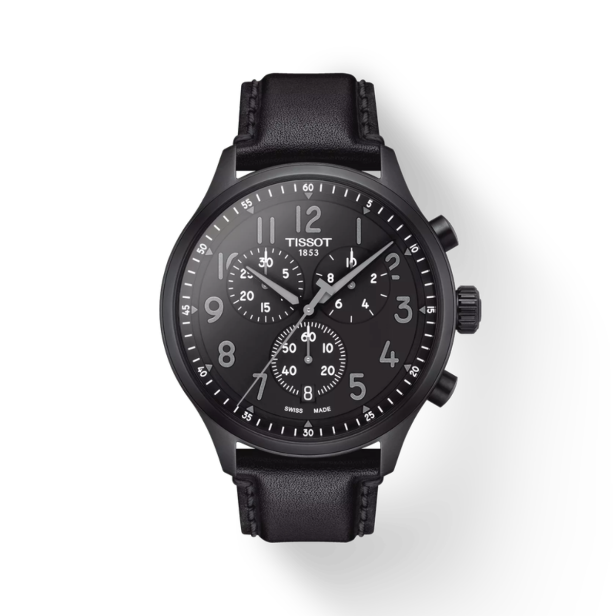 Black Tissot watch with a detailed face on a white background