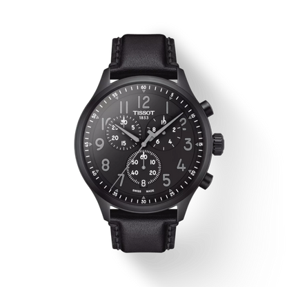 Black Tissot watch with a detailed face on a white background