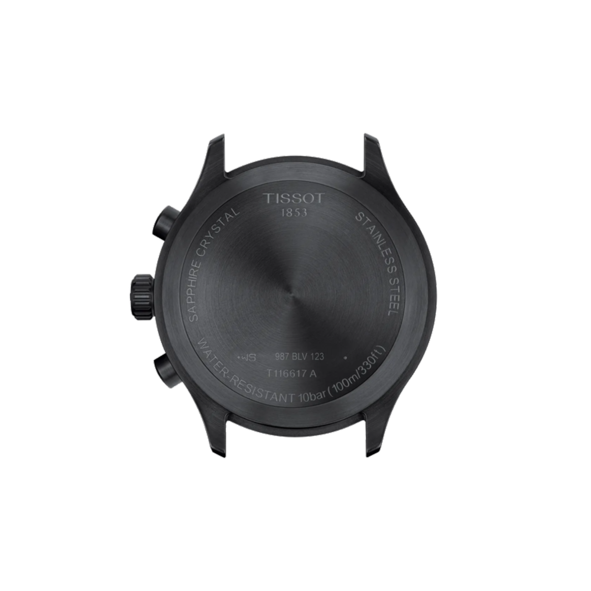 Black Tissot watch face on a white background