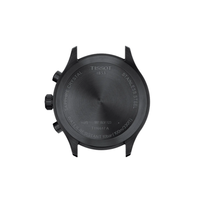 Black Tissot watch face on a white background