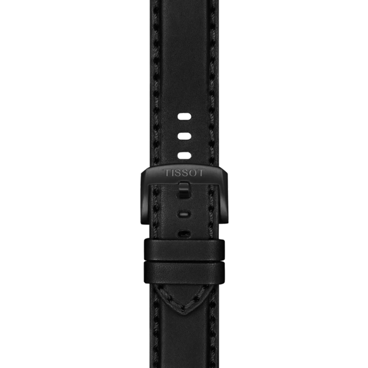 Black watch strap with Tissot logo on a white background