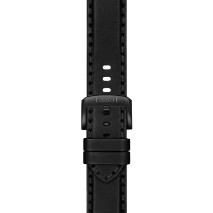 Black watch strap with Tissot logo on a white background