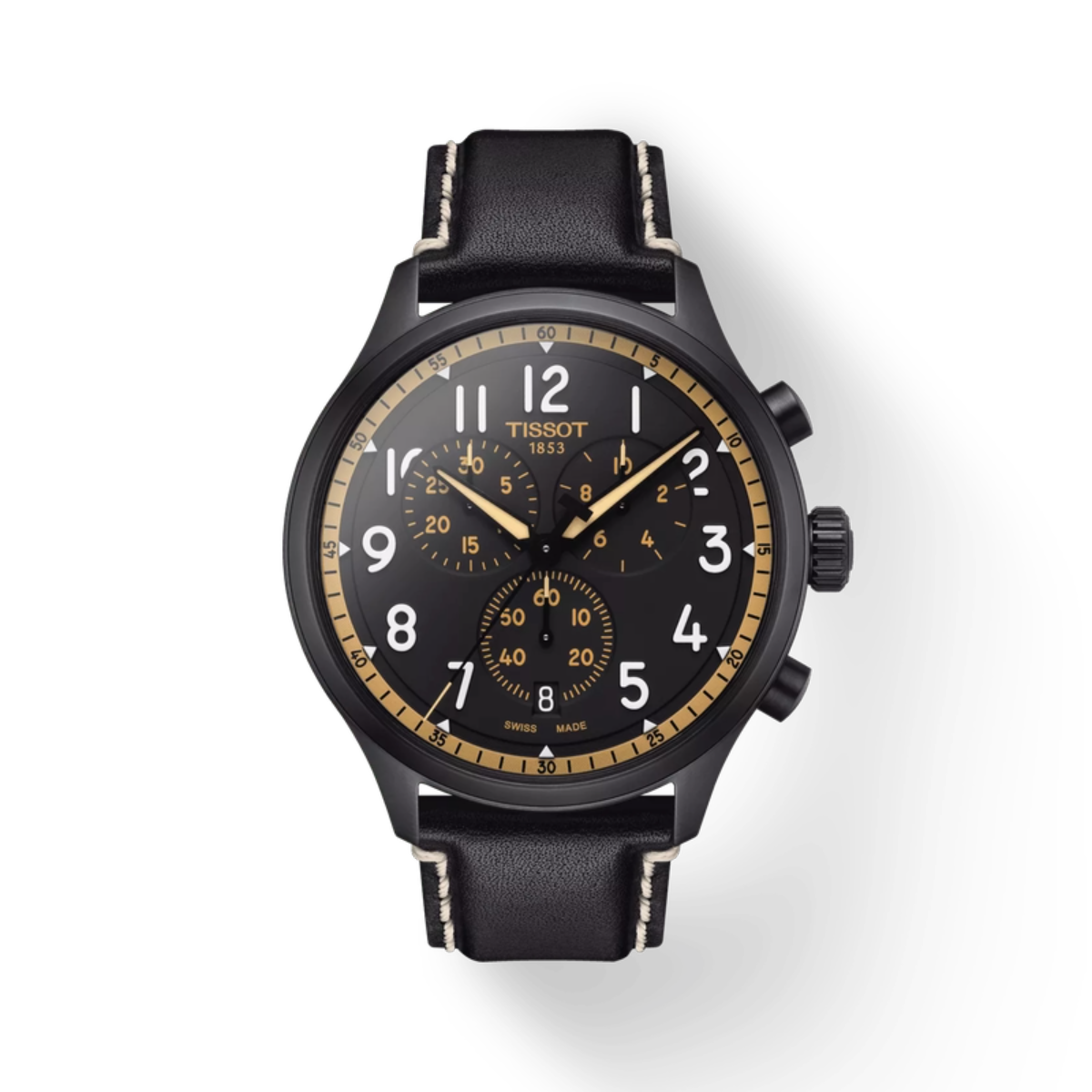 Black Tissot watch with a detailed face on a white background