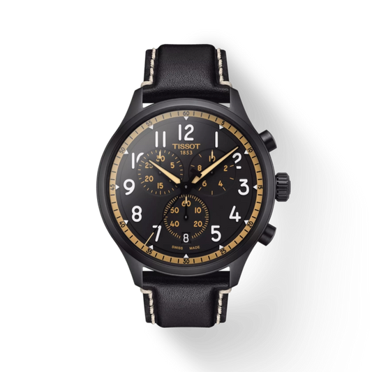 Black Tissot watch with a detailed face on a white background