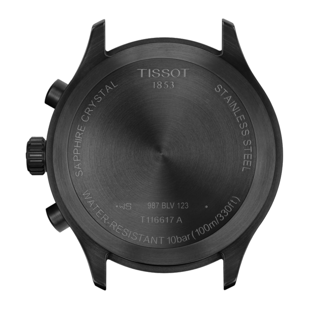 Back view of a Tissot watch with branding and specifications on a white background