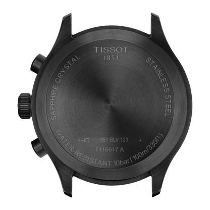 Back view of a Tissot watch with branding and specifications on a white background