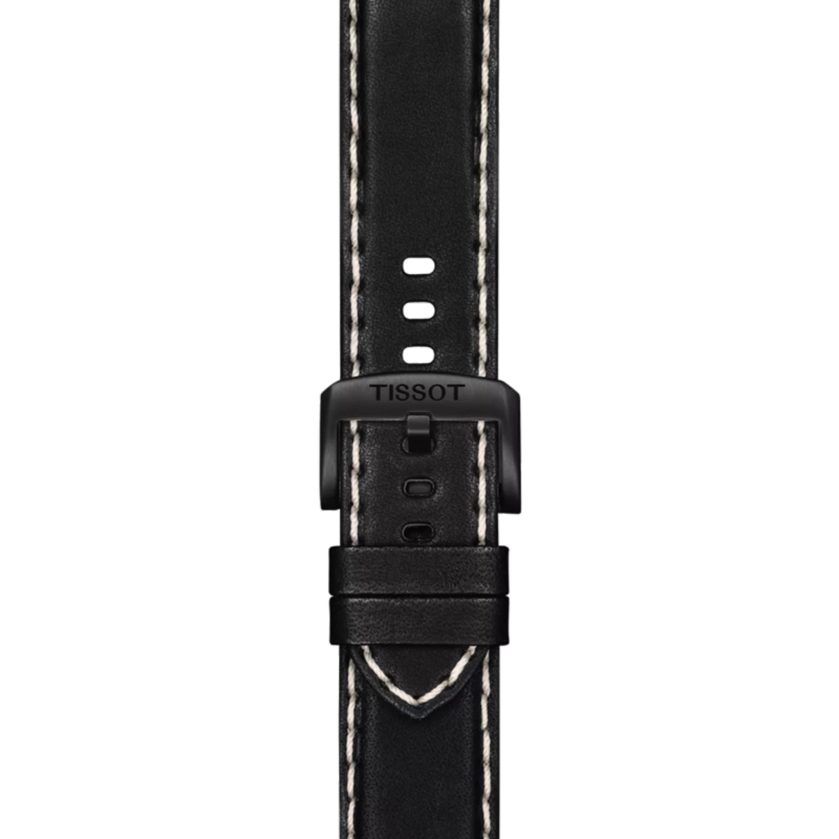 Black watch strap with Tissot logo on a white background