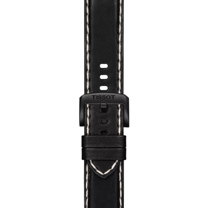 Black watch strap with Tissot logo on a white background