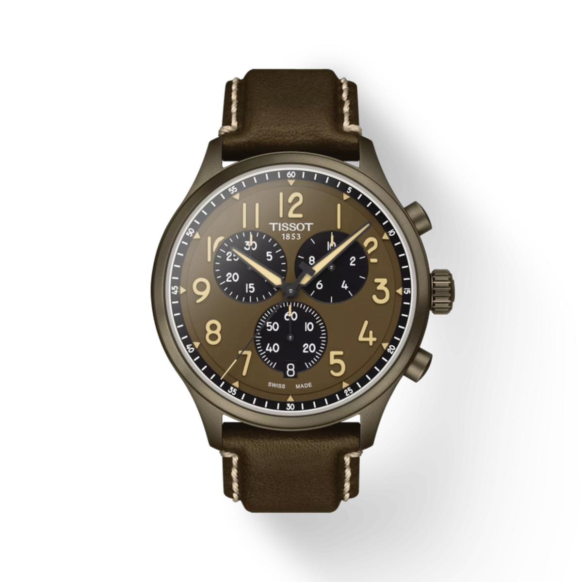 Tissot watch with brown leather strap on a white background